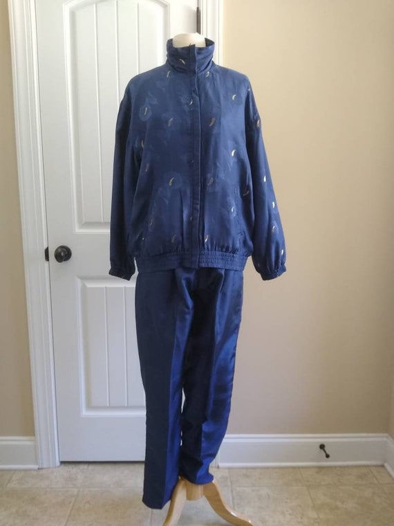 Vintage 80s 90s Navy Blue and Gold Silk Tracksuit