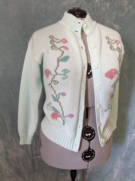 Vintage 80s 90s Pastel Floral Chunky Cardigan Ove… - image 3