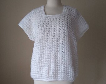 Vintage 80s Hand Knit Slouchy White Top // Short Sleeve Chunky Box Sweater Large