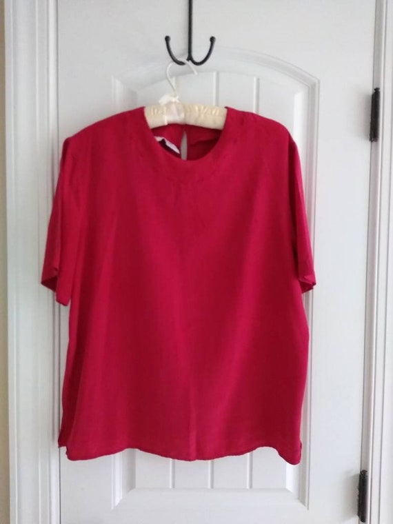 Vintage Cherry Red 100% Silk Simple Box Blouse wi… - image 1