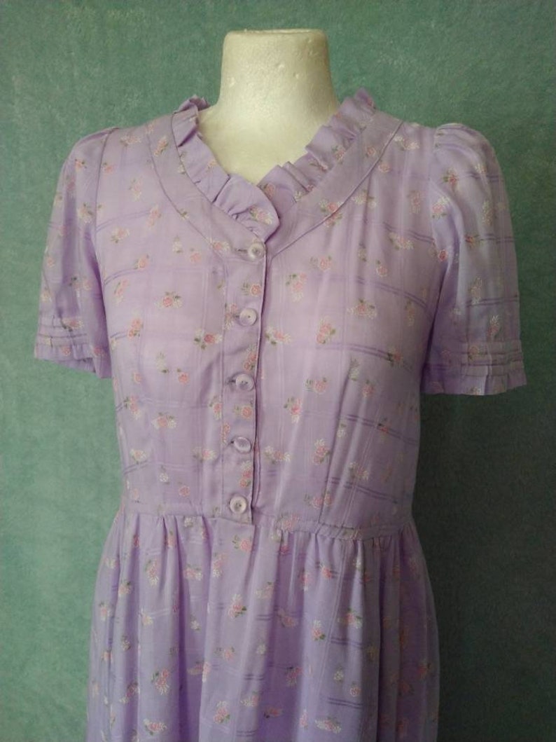 Vintage Lilac 70s Pink Rose Print Sweet Handmade Dress // Medium Large image 7