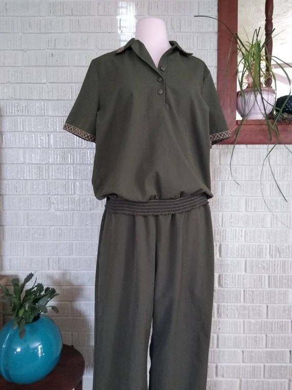 Vintage 80s 90s Olive Green Casual Suit // Top an… - image 1