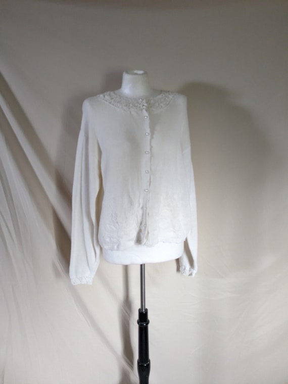 Vintage 90s White Embroidered Crochet Cotton Ramie