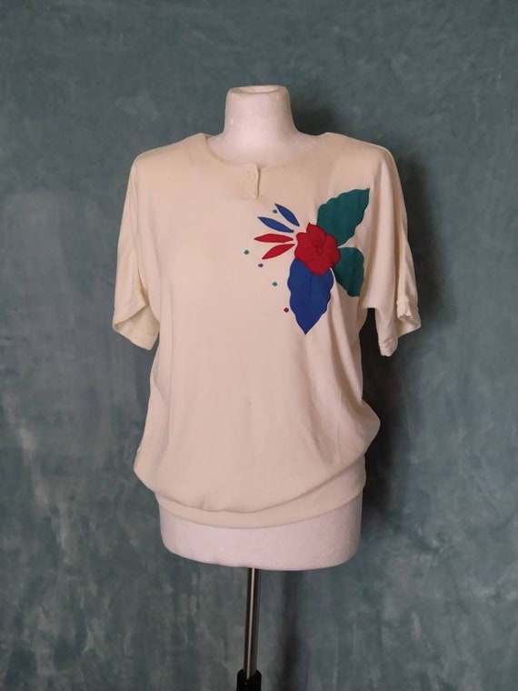 Vintage 80s 90s Flower Applique Open Sleeve Slouc… - image 1