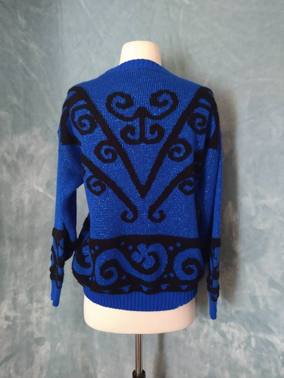 Vintage 1980s Metallic Lurex Knit Blue and Black … - image 6