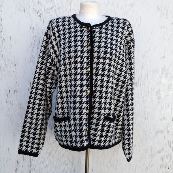 Vintage 80s 90s Houndstooth Cardigan in Black and White by Crystal Kobe // Large