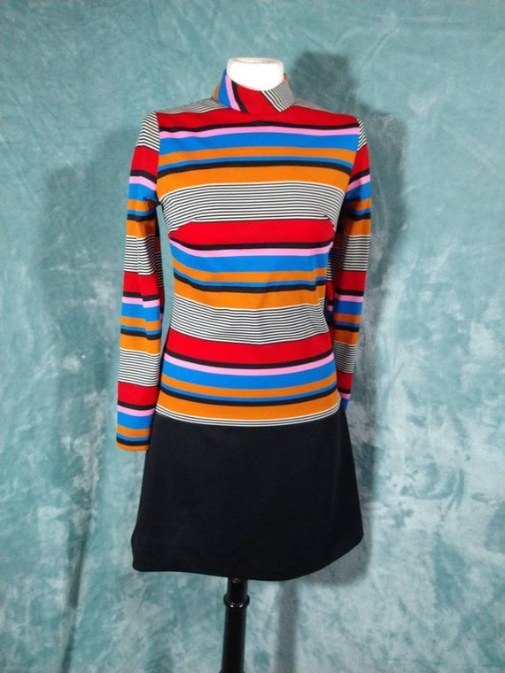 Vintage 60s 70s Mod Striped Dress with Matching V… - image 3