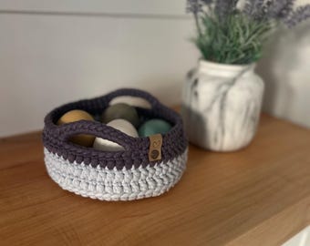 Small crochet basket  decor - with handles - light grey and dark grey
