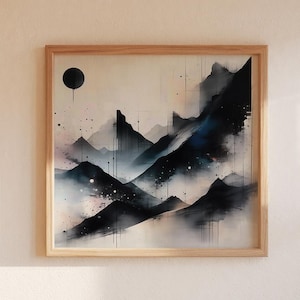 Puede incluir: Una pintura de acuarela enmarcada de una cordillera en tonos azules y negros, con un círculo negro en la esquina superior izquierda. Un cuenco de madera con cerezas, un libro abierto y una flor roja en un jarrón están sobre una superficie de madera.