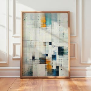 以下が含まれることがあります： 明るい木製フレームに入った抽象芸術プリント。アートワークは、グリッドのような構造の幾何学的なデザインが特徴です。色には、白、青、オレンジ、黒が含まれます。アートワークは白い壁と木の床に展示されています。