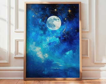 Abstract Moon and Stars Wall Art Blue Night Sky with Cosmic Clouds and Golden Accents Print for Bedroom Living Room Modern Home Decor