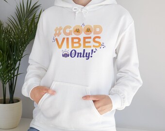 Sudadera con capucha "Solo buenas vibras" / Soles sonrientes, texto retro, cita positiva