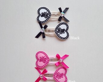 Handmade Ballet Shoes Embroidered Snap Hair Clips - Ribbon & Gemstone Hair Accessory Set (Black Pink)