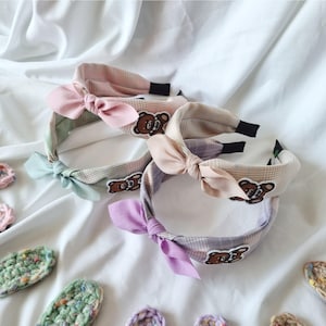 Teddy Bear Bow Headband: Pastel Plaid Scarf, Detachable Bow