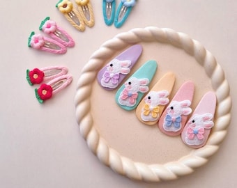 Embroidered Bunny Snap Clip: Pastel Easter Hair Accessory Handmade in Korea