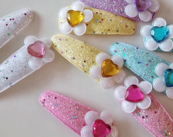 Flower Heart Glitter Hair Clips (Set of 2) - Baby Safe Alligator Clips