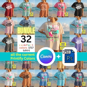 May include: A digital bundle of 32 Comfort Colors 1717 t-shirts in various solid colors, each featuring a central graphic area with the text Your Design Here, presented as a collection of mockups for Canva and Photoshop.