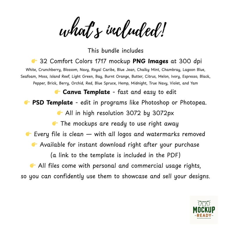 A digital product mockup bundle with the text "what's included!" and a list of features. Includes 32 Comfort Colors PNG images, Canva and PSD templates, high-resolution files, and commercial usage rights.