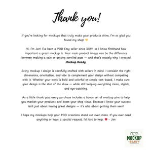 May include: A white background with black handwritten text that says "Thank you!" and a message about mockups. The text also includes the words "Mockup Ready" and a logo at the bottom right.