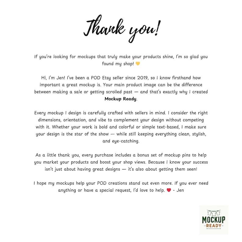 May include: A white background with black handwritten text that says "Thank you!" and a message about mockups. The text also includes the words "Mockup Ready" and a logo at the bottom right.