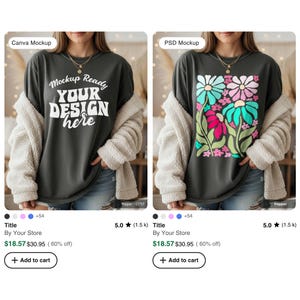 May include: Two dark gray t-shirts are displayed. The first shirt has the text "Mockup Ready YOUR DESIGN here" in white. The second shirt features a floral design with pink, blue, and green flowers. Both shirts are worn with a cream-colored jacket.