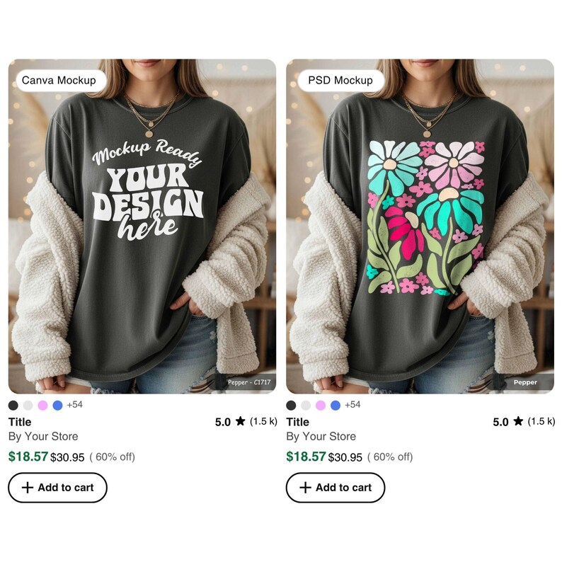 May include: Two dark gray t-shirts are displayed. The first shirt has the text "Mockup Ready YOUR DESIGN here" in white. The second shirt features a floral design with pink, blue, and green flowers. Both shirts are worn with a cream-colored jacket.