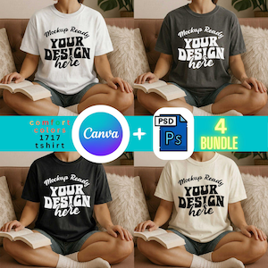 May include: Four t-shirts in white, charcoal, black, and cream colors, each with the text "Mockup Ready YOUR DESIGN here." The image includes a Canva and Photoshop icon, and the text "4 BUNDLE."
