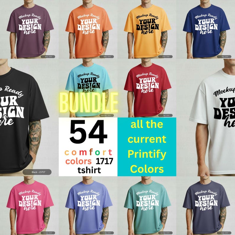 Mens Comfort Colors 1717 Mockup Bundle C1717 Tshirt (Canva T-shirt Mock up) Neutral Simple Studio White Plain Background C1717 Tshirt Canva Template Digital Instant Download 54 PNG JPEG JPG for Print on Demand or POD. A collection of 54 Comfort Colors 1717 shirts in various colors, including Berry, Melon, Citrus, Navy, Black, Lagoon Blue, Red, White, Heliconia, Flo Blue, Sea Foam, Pepper, Ivory, Espresso, Blossom, Black, Moss, Graphite, Light Green, Red, Grey, Mustard, Bay, Khaki