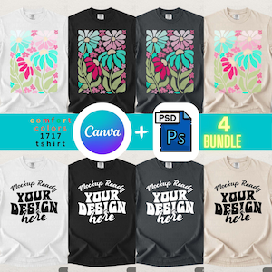 Könnte beinhalten: Eine Auswahl an T-Shirts in Weiß, Schwarz, Grau und Beige, jeweils mit einem Blumendesign. Das Bild enthält Text wie "Comfort Colors 1717 t-shirt" und "Mockup Ready YOUR DESIGN here."