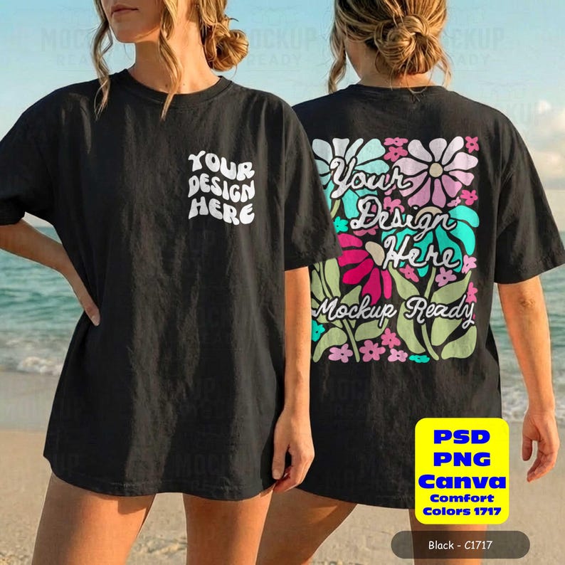 Black CC1717 front & back tshirt mockup with a female model on a beach. Perfect for a bachelorette party or summer girls trip, showcasing a tshirt design.