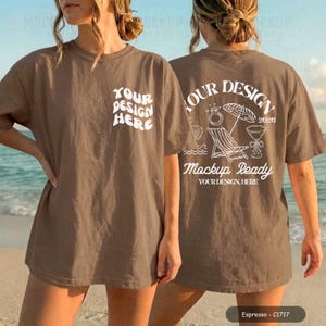 Espresso CC1717 front & back tshirt mockup with a female model on a beach. Perfect for a bachelorette party or summer girls trip, showcasing a tshirt design.