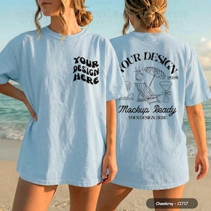 Chambray CC1717 front & back tshirt mockup with a female model on a beach. Perfect for a bachelorette party or summer girls trip, showcasing a tshirt design.