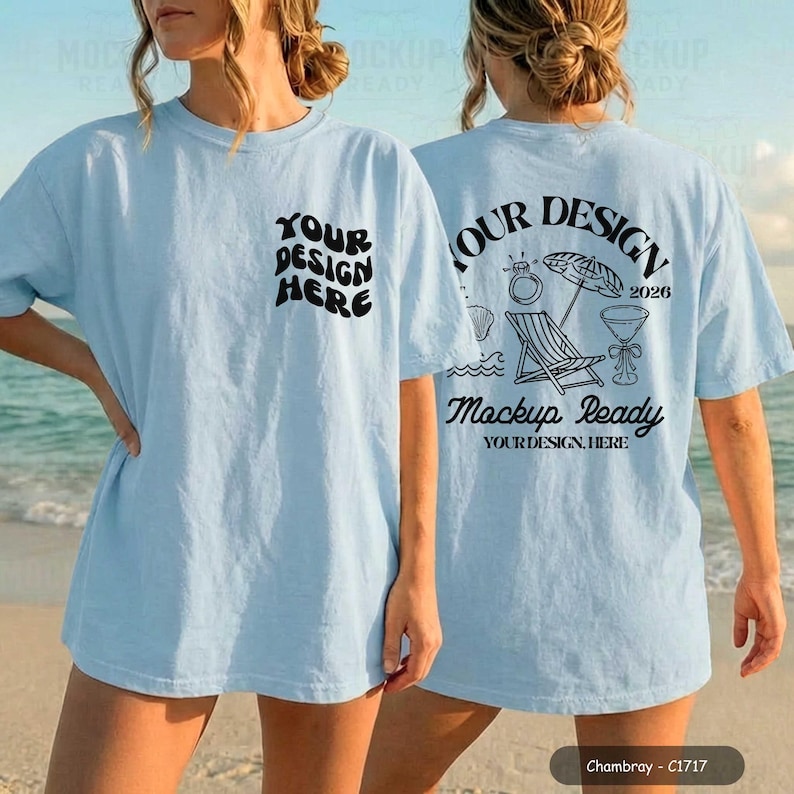 Chambray CC1717 front & back tshirt mockup with a female model on a beach. Perfect for a bachelorette party or summer girls trip, showcasing a tshirt design.