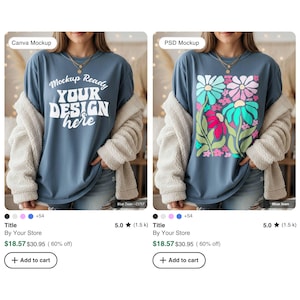 May include: Two blue jean t-shirts. The first has the text "Mockup Ready YOUR DESIGN here" in white. The second shirt has a floral design with pink, green, and blue flowers. Both shirts are mockups.