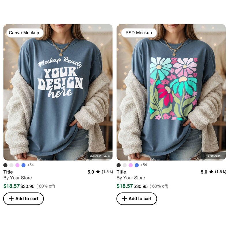 May include: Two blue jean t-shirts. The first has the text "Mockup Ready YOUR DESIGN here" in white. The second shirt has a floral design with pink, green, and blue flowers. Both shirts are mockups.