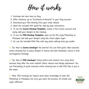 May include: White background with the text "How it works" in a handwritten style. Instructions detail how to purchase, download, and use templates for design mockups. Includes tips for Canva and PSD mockups.