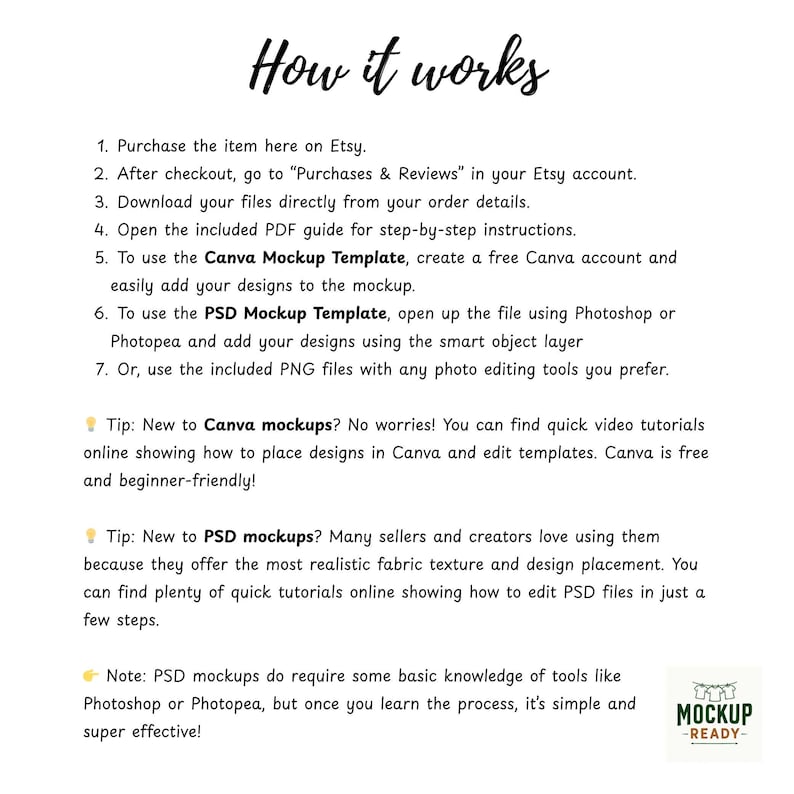 May include: White background with the text "How it works" in a handwritten style. Instructions detail how to purchase, download, and use templates for design mockups. Includes tips for Canva and PSD mockups.