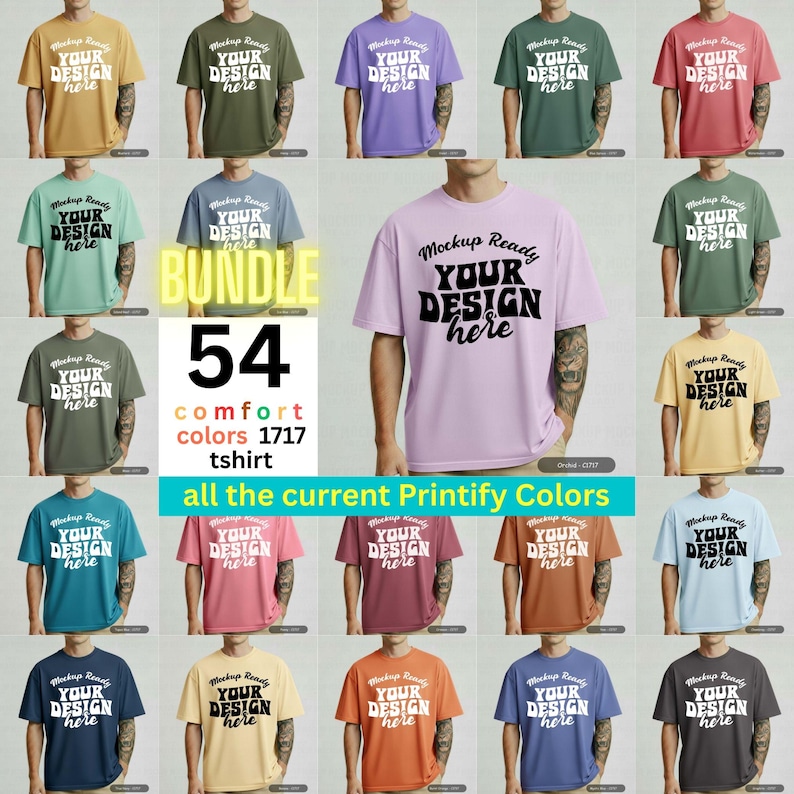 Mens Comfort Colors 1717 Mockup Bundle C1717 Tshirt (Canva T-shirt Mock up) Neutral Simple Studio White Plain Background C1717 Tshirt Canva Template Digital Instant Download 54 PNG JPEG JPG for Print on Demand or POD. A collection of 54 Comfort Colors 1717 shirts in various colors, including Berry, Melon, Citrus, Navy, Black, Lagoon Blue, Red, White, Heliconia, Flo Blue, Sea Foam, Pepper, Ivory, Espresso, Blossom, Black, Moss, Graphite, Light Green, Red, Grey, Mustard, Bay, Khaki