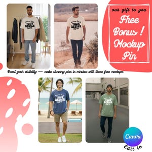 Free Pin Mockup for 1717 Comfort Color Tshirt Mockups Digital Download Bundle (Canva Template)