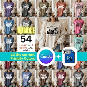 Puede incluir: Una colección de maquetas de camisetas en varios colores, cada una con el texto "YOUR DESIGN HERE". La imagen incluye las palabras "BUNDLE", "54 comfort colors" y "1717 tshirt". El texto adicional incluye "all the current Printify Colors", "Canva" y "PSD + Ps."