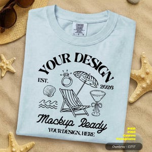 Chambray Comfort Colors 1717 T-shirt Mockup Vikta Platt Lay Mock Up Ljusblå PSD Canva Digital Mall Ladda ner Vår Sommar Strandt-shirt