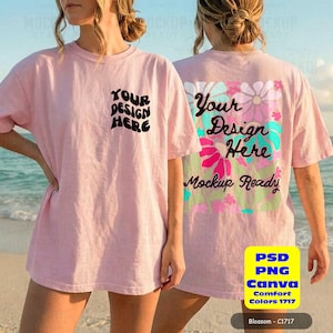 Blossom CC1717 front & back tshirt mockup with a female model on a beach. Perfect for a bachelorette party or summer girls trip, showcasing a tshirt design.