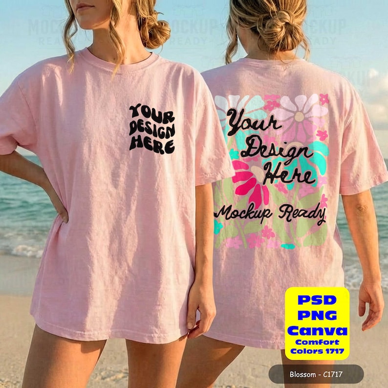 Blossom CC1717 front & back tshirt mockup with a female model on a beach. Perfect for a bachelorette party or summer girls trip, showcasing a tshirt design.