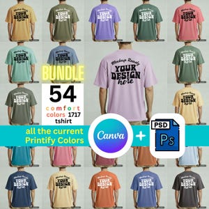 以下が含まれることがあります： さまざまな色のTシャツのコレクションで、それぞれに「YOUR DESIGN here」というテキストが書かれています。画像には、「54」の数字、「comfort colors 1717 tshirt」という言葉、そして「all the current Printify Colors」というテキストが入ったバンドルグラフィックが含まれています。CanvaとPhotoshopのアイコンも表示されています。