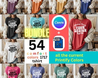 Pode incluir: Uma coleção de camisetas em várias cores, cada uma com o texto "Mockup Ready, YOUR DESIGN here." A imagem também inclui o texto "BUNDLE 54 comfort colors 1717 tshirt" e "all the current Printify Colors."