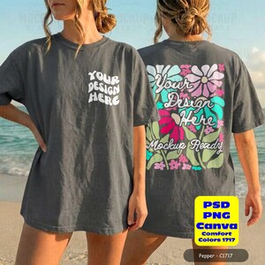 Pepper CC1717 front & back tshirt mockup with a female model on a beach. Perfect for a bachelorette party or summer girls trip, showcasing a tshirt design.