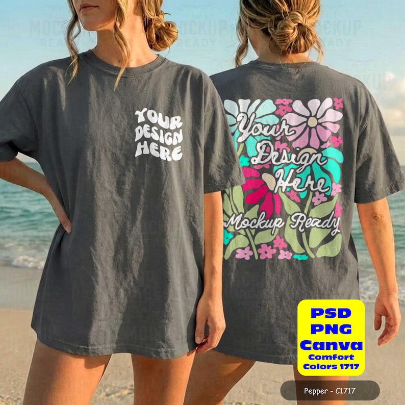 Pepper CC1717 front & back tshirt mockup with a female model on a beach. Perfect for a bachelorette party or summer girls trip, showcasing a tshirt design.