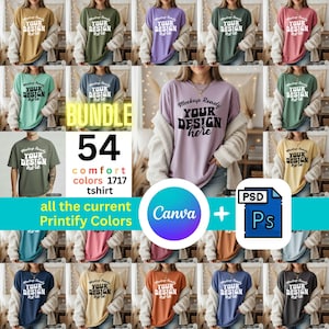 Canva and Photoshop digital t-shirt mockup bundle showing 54 Comfort Colors 1717 options for Etsy sellers