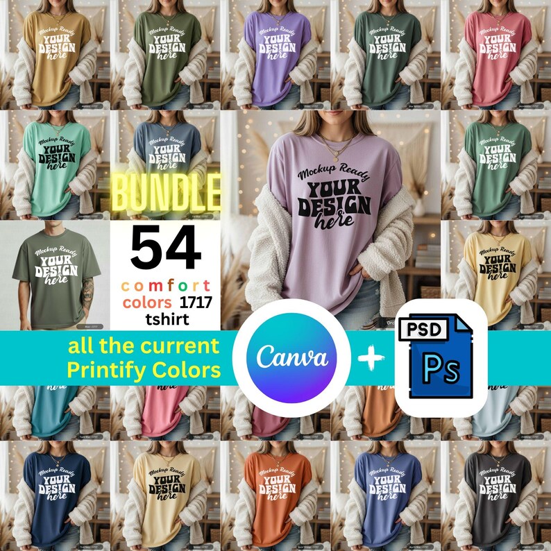 Canva and Photoshop digital t-shirt mockup bundle showing 54 Comfort Colors 1717 options for Etsy sellers