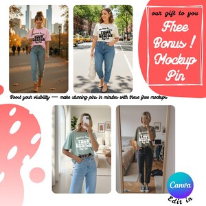 May include: A collection of images showcasing t-shirts with the text "YOUR DESIGN HERE" in various settings. The images are accompanied by text that reads "Boost your visibility - make stunning pins in minutes with these free mockups" and "Free Bonus! Mockup Pin."
